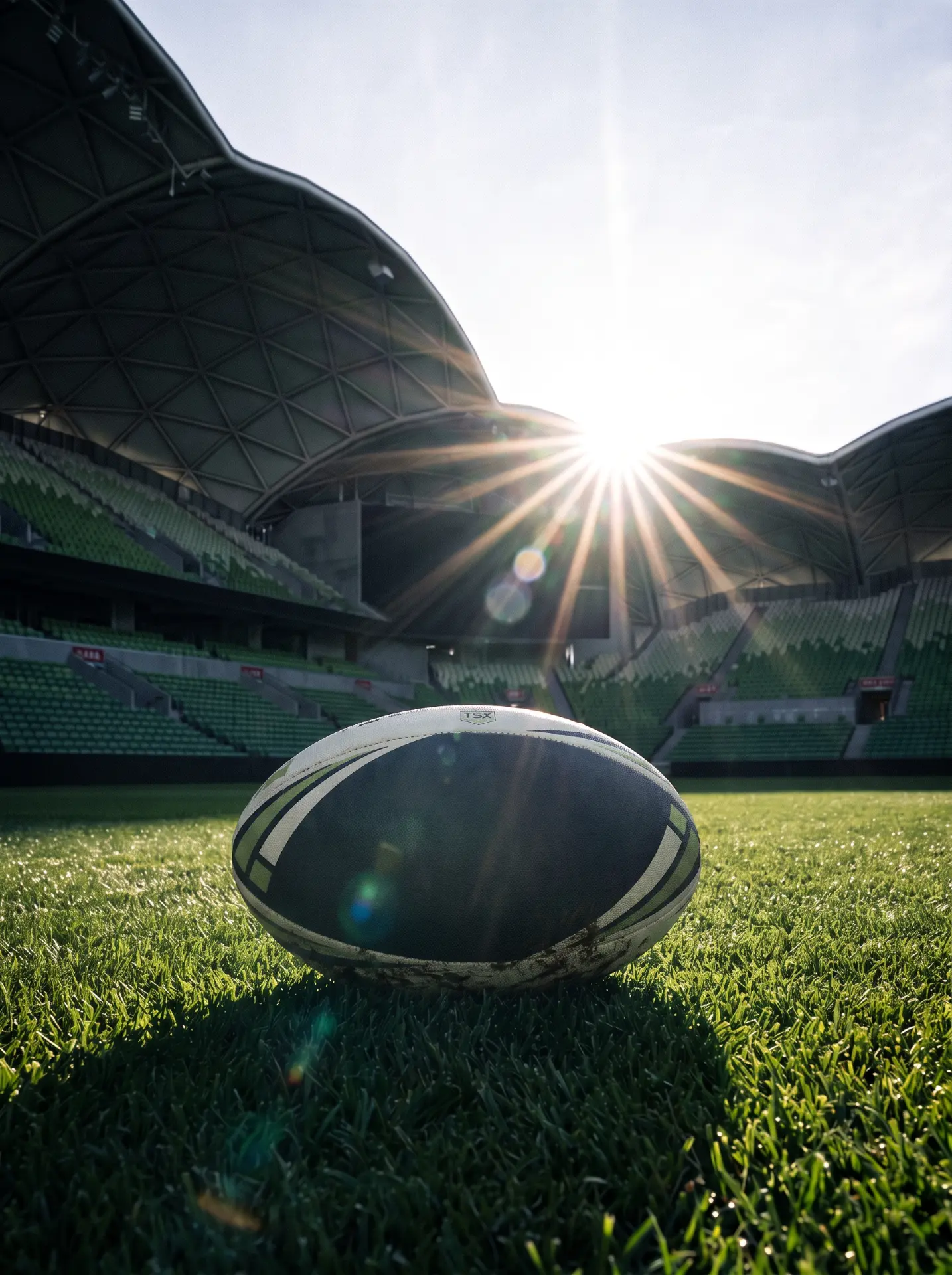 A rugby league ball held under stadium lights before kick-off.